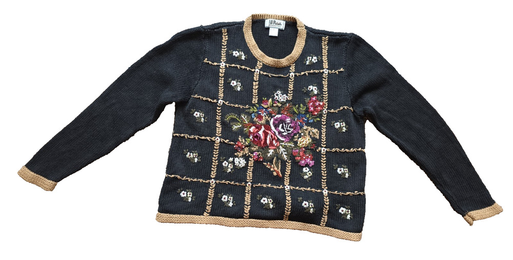 All Points Vtg 90s L Black Floral Embroidered Ramie Cotton Grannycore Sweater